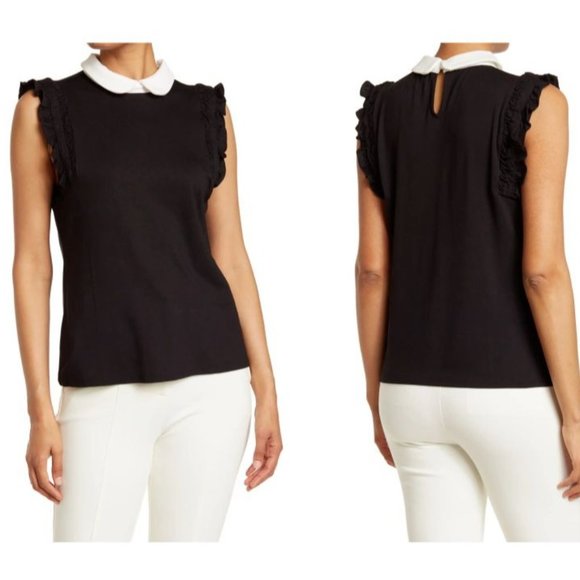 CECE Peter Pan Collared Ruffle Detail Tank Sleeveless - Black - NWT - Medium - Picture 2 of 3